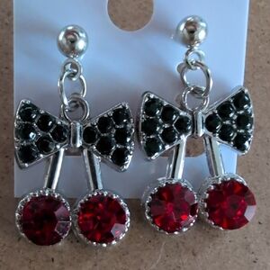 Elegant Silver Tone and Red & Green Bow Cherry Fashion Earrings